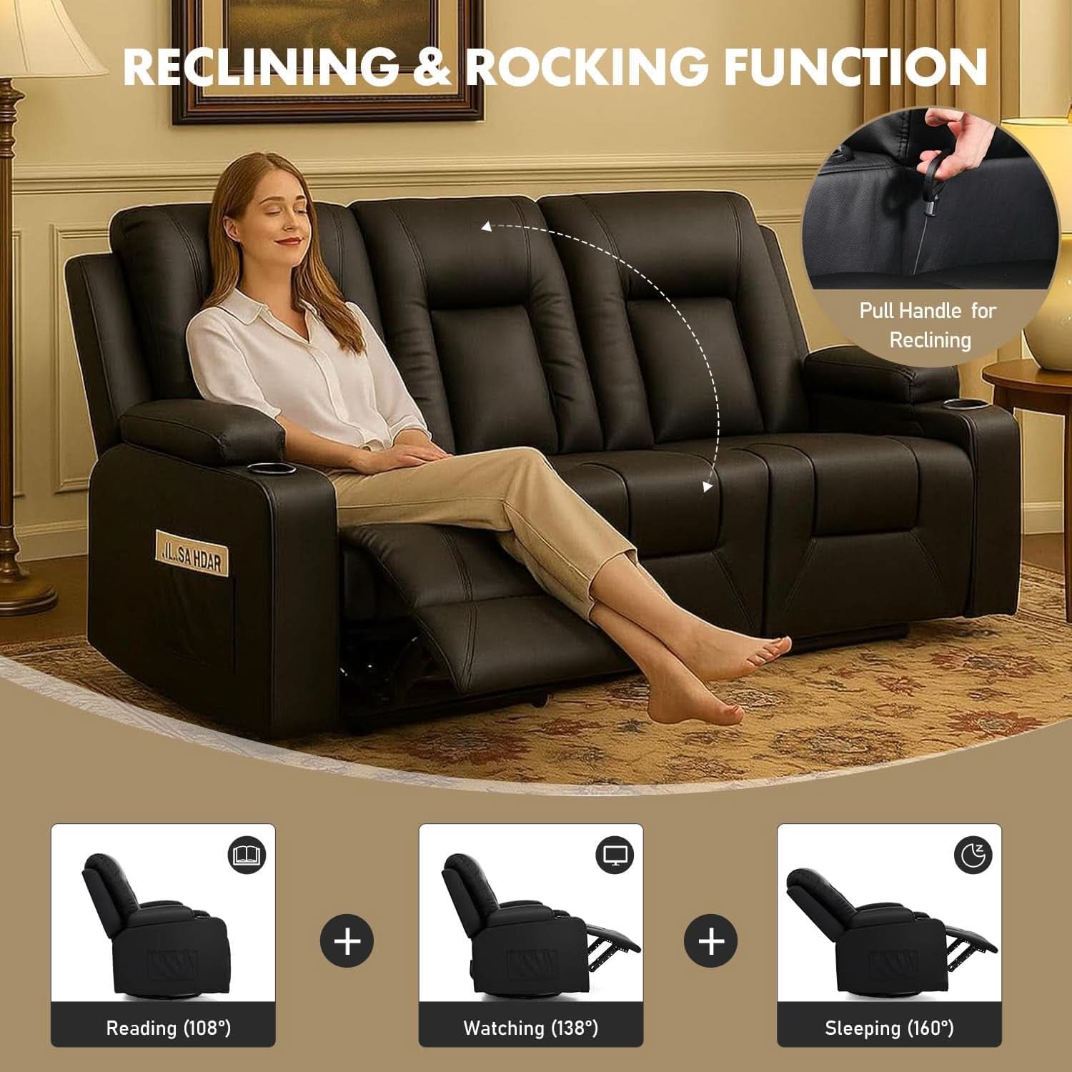 Black Leather Upholstered Manual Recliner Sofa Set-3