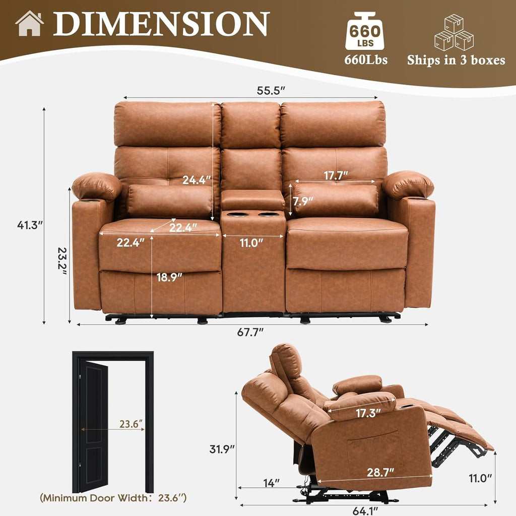 Power Recliner Loveseat With Console Yellowish Brown-1