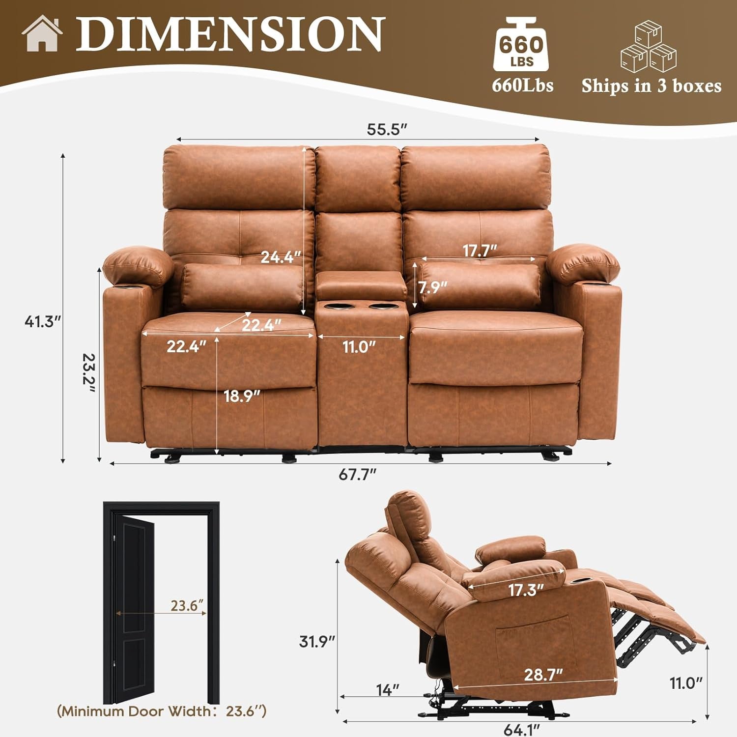 Power Recliner Loveseat With Console Yellowish Brown-1