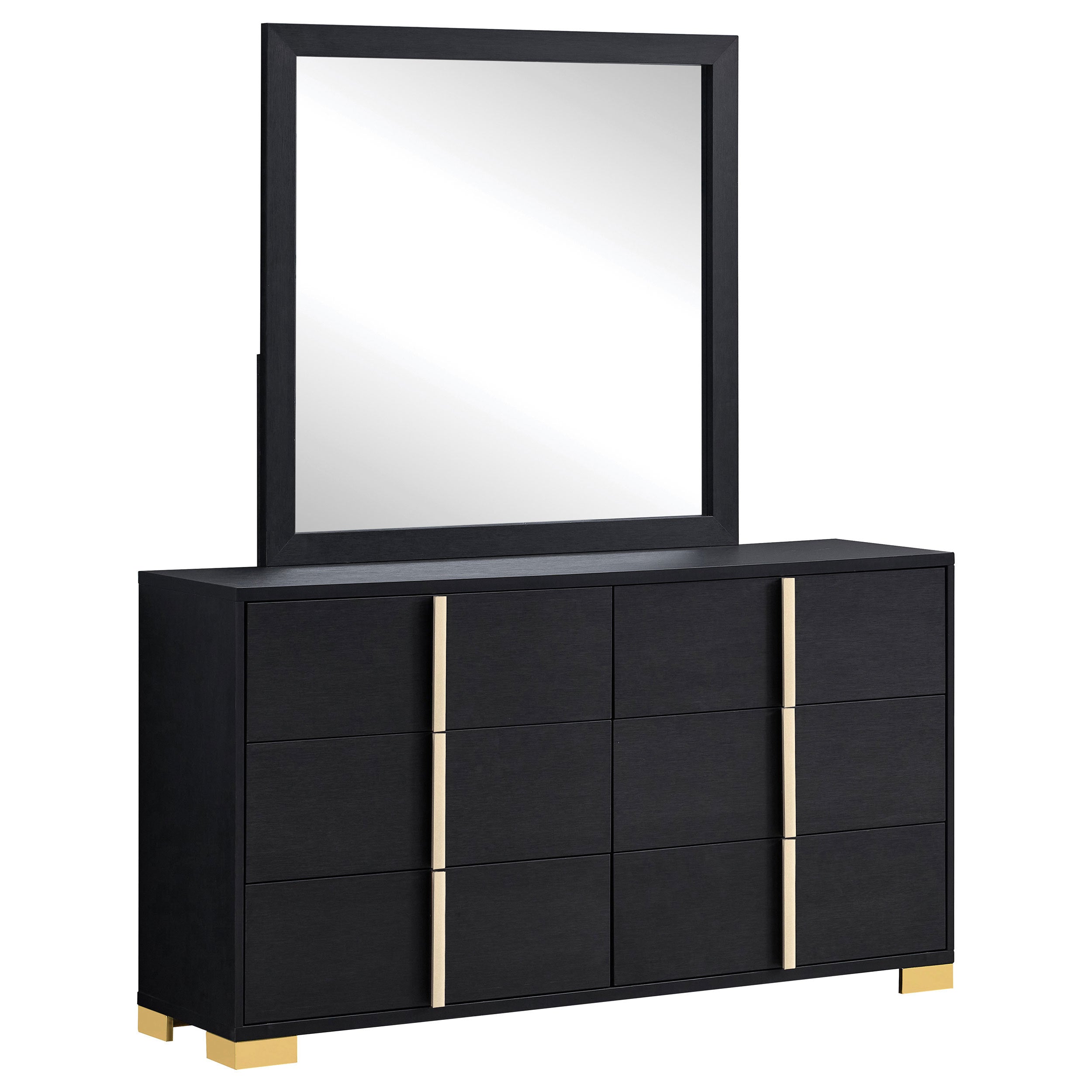 Jeremiah Black 6-Drawer Dresser with Mirror in Black Finish, Engineered Wood and Metal Accents, 72.5H x 58.5W x 16.25D