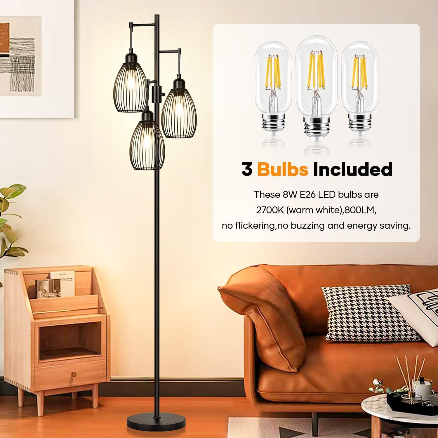 Industrial Black Floor Lamp ThreeBulb Dimmable LED