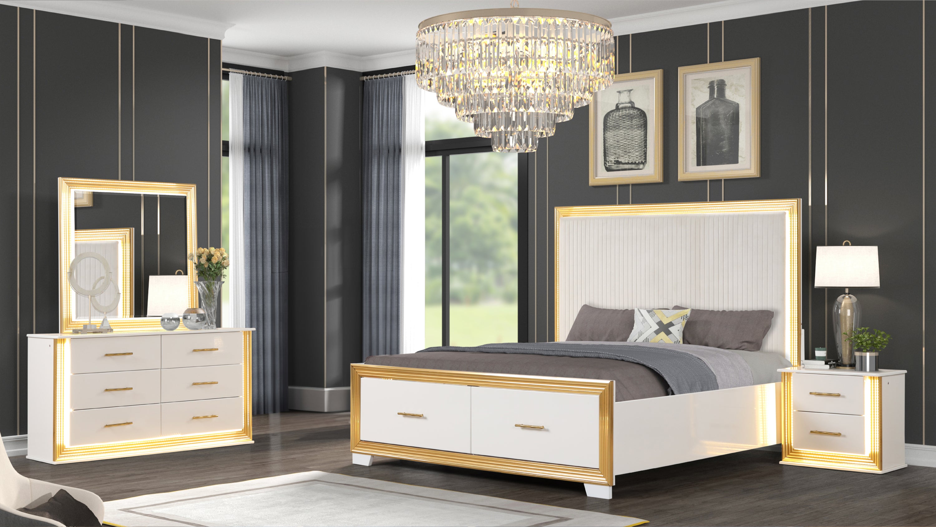 OBSESSION Contemporary Style 4PC Queen Bedroom Set Made with Wood & Gold Finish(NJ INVENTORY)