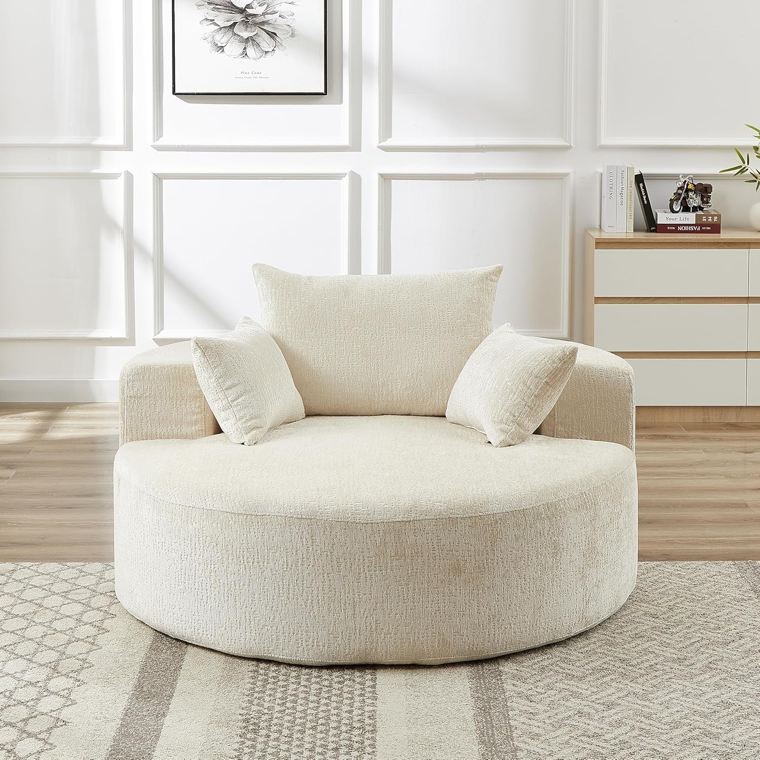 55 Inch Beige Chenille Accent Armchair Upholstered