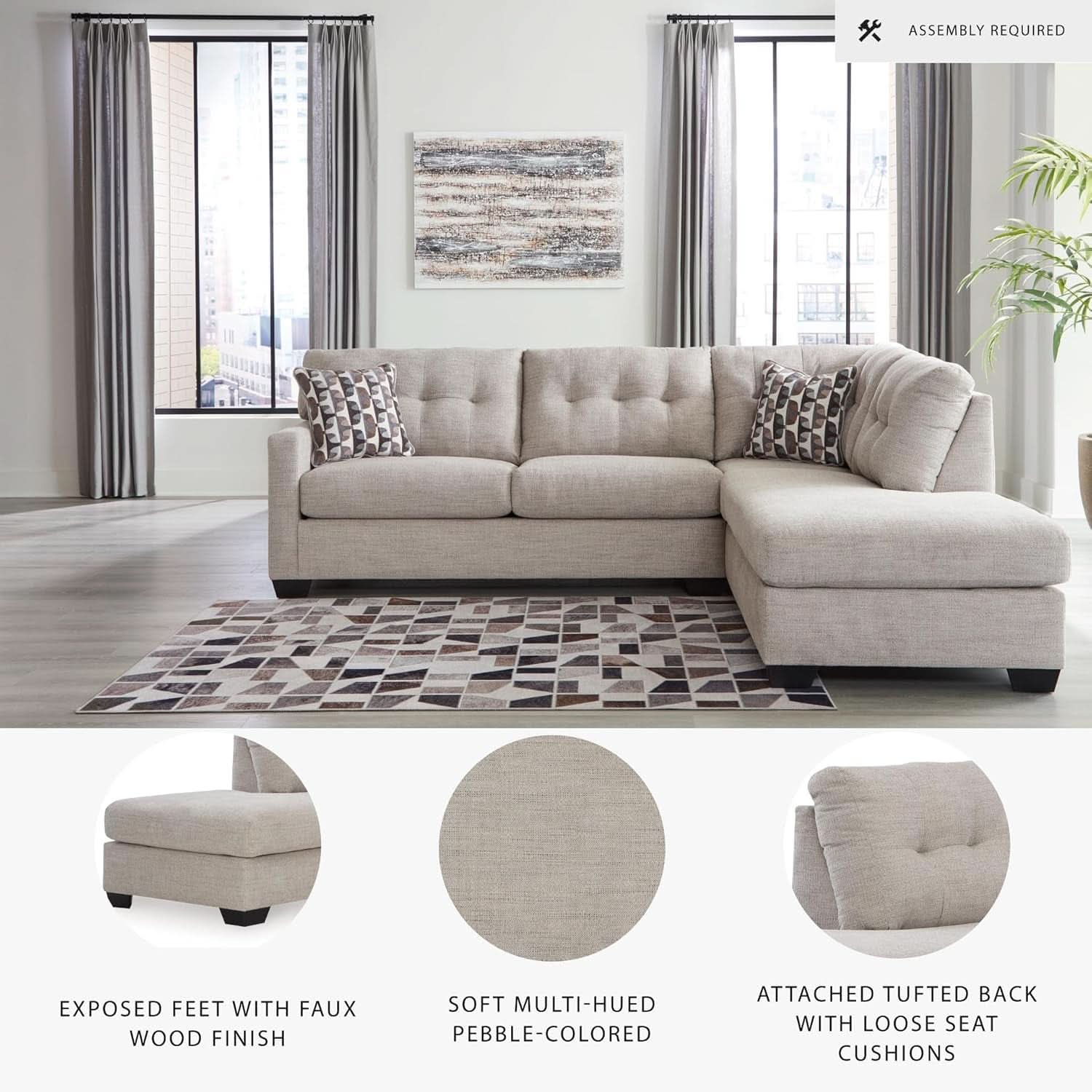 Beige Sleeper Sectional Featuring Chaise Memory Foam-3