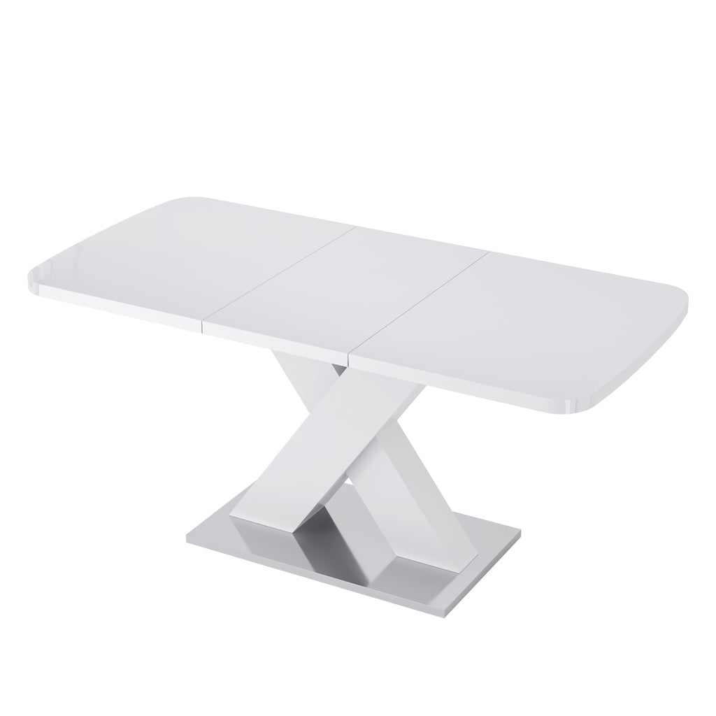 Modern Rectangle Dining Table, Stretchable, White MDF Top with X-Shape MDF Legs and Metal Base, 47.24-62.99' L x 31.5' W x 30.12' H