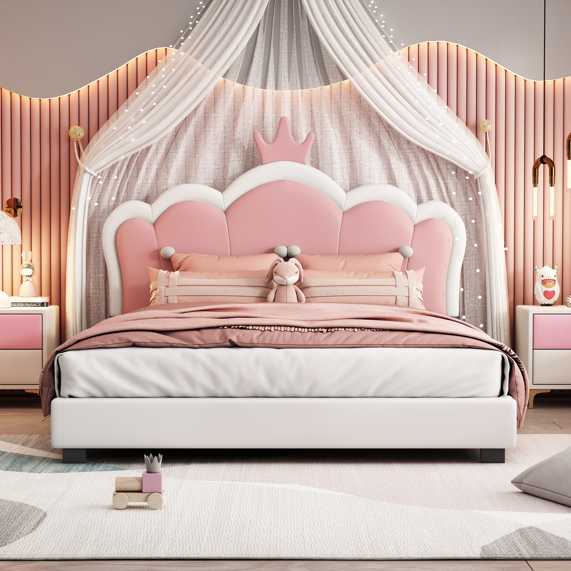 Full size Upholstered Princess Bed With Crown Headboard,Full Size Platform Bed with Headboard and Footboard, Cream+Pink(Old SKU:WF303337AAK)