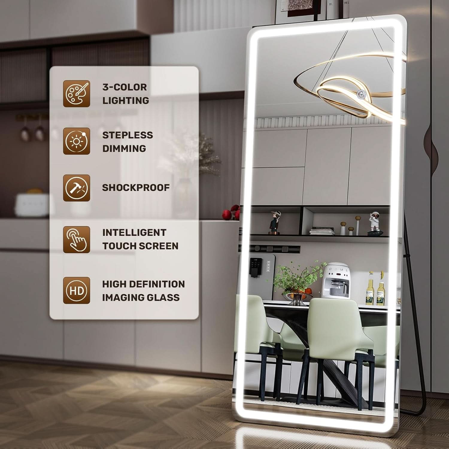 26x68 Inch Full Length Mirror With Lights LED Dimmable 3 Color Floor Standing Or Wall Hanging-4