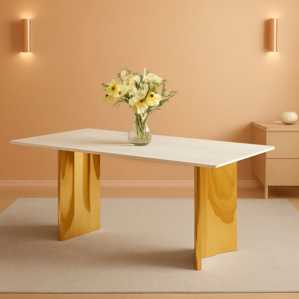 White Marble Dining Table 71 Inch Glass Top Gold Base-0