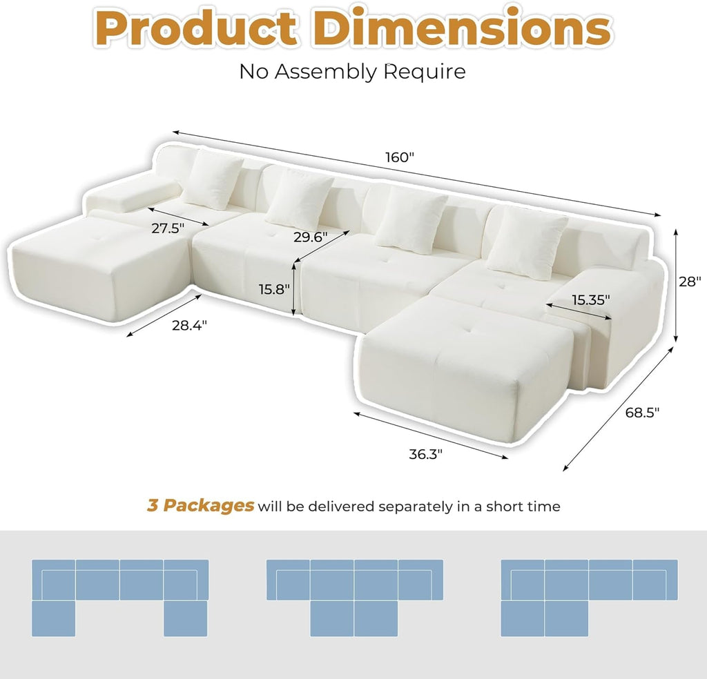 160 Inch White Corduroy Modular Sectional Sofa Set-1