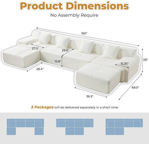 160 Inch White Corduroy Modular Sectional Sofa Set-1