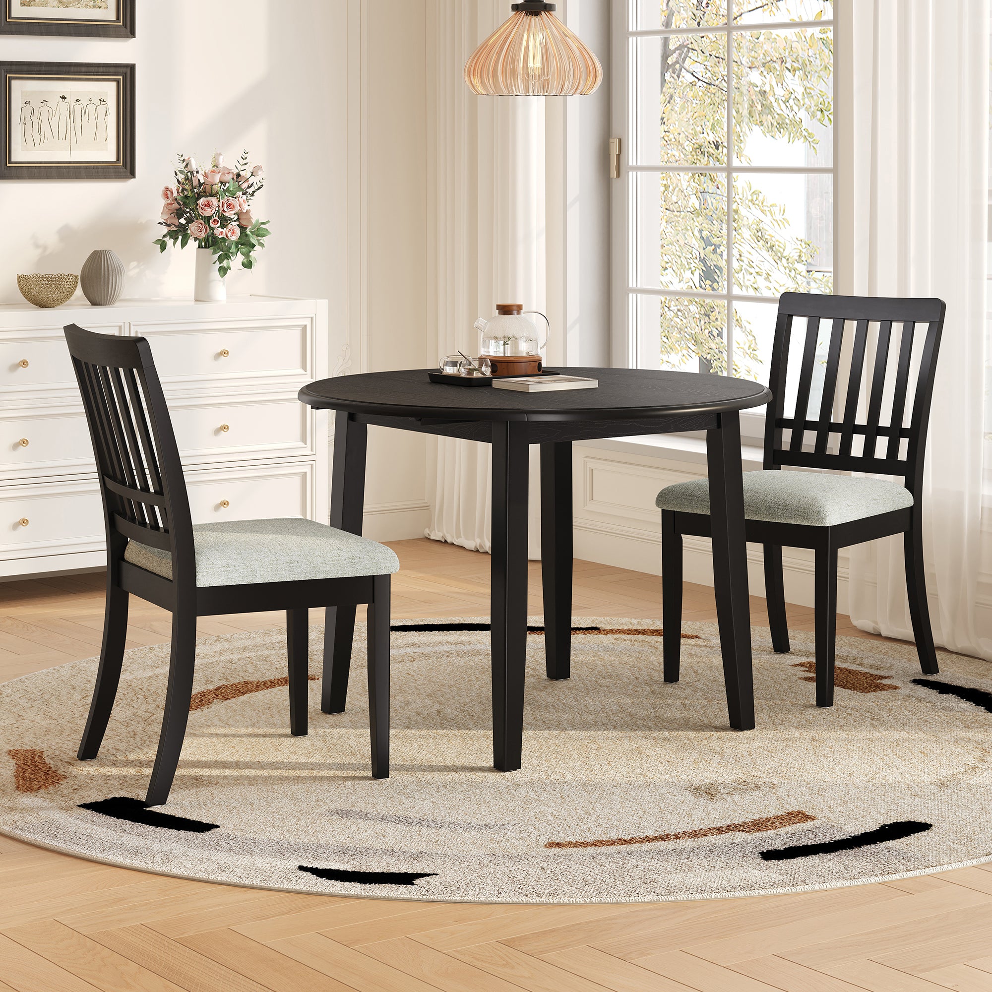 3-Piece Round Dining Table Set for 2 People, 1 Folding Wood Dining Table + 2 Upholstered Chairs, Space-Saving Design for Small Apartments and Dining Areas - BLACK