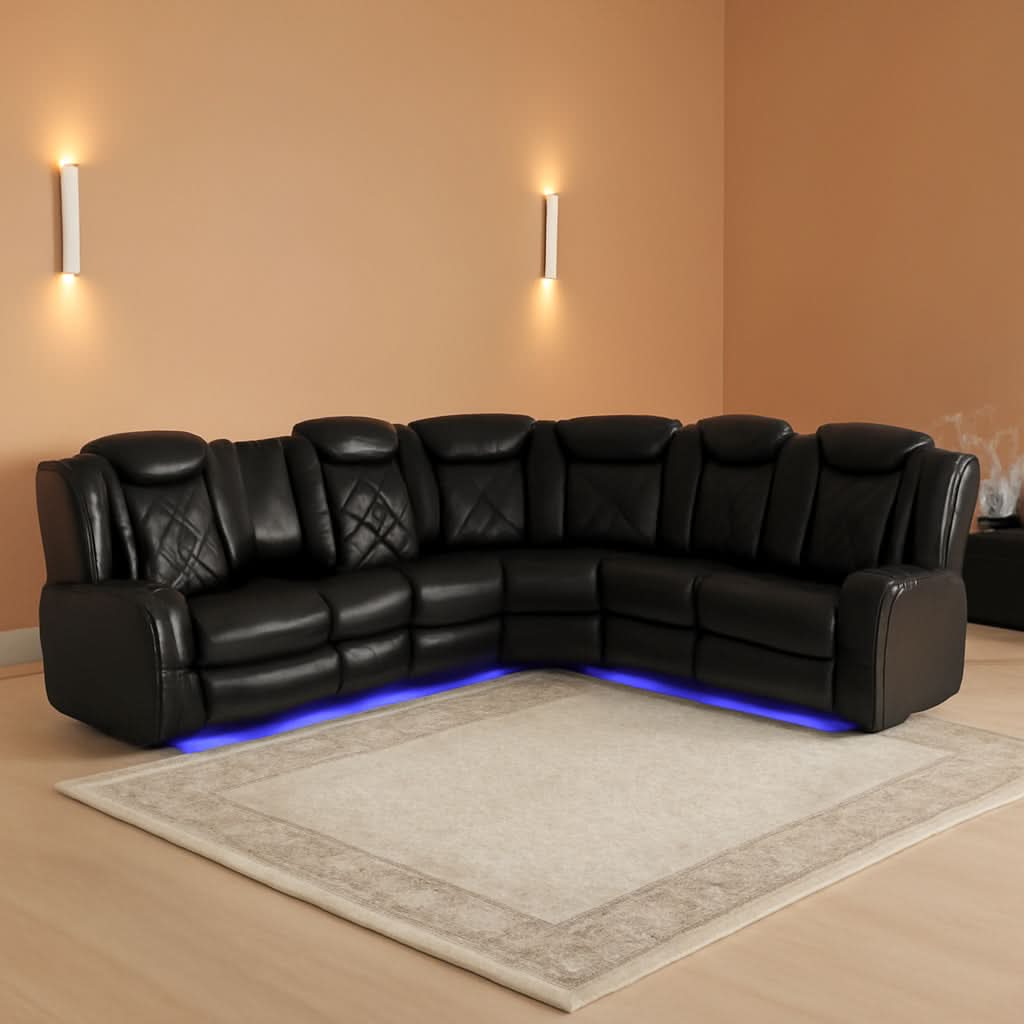 Power Recliner Sectional Sofa Black With LED Lights-0