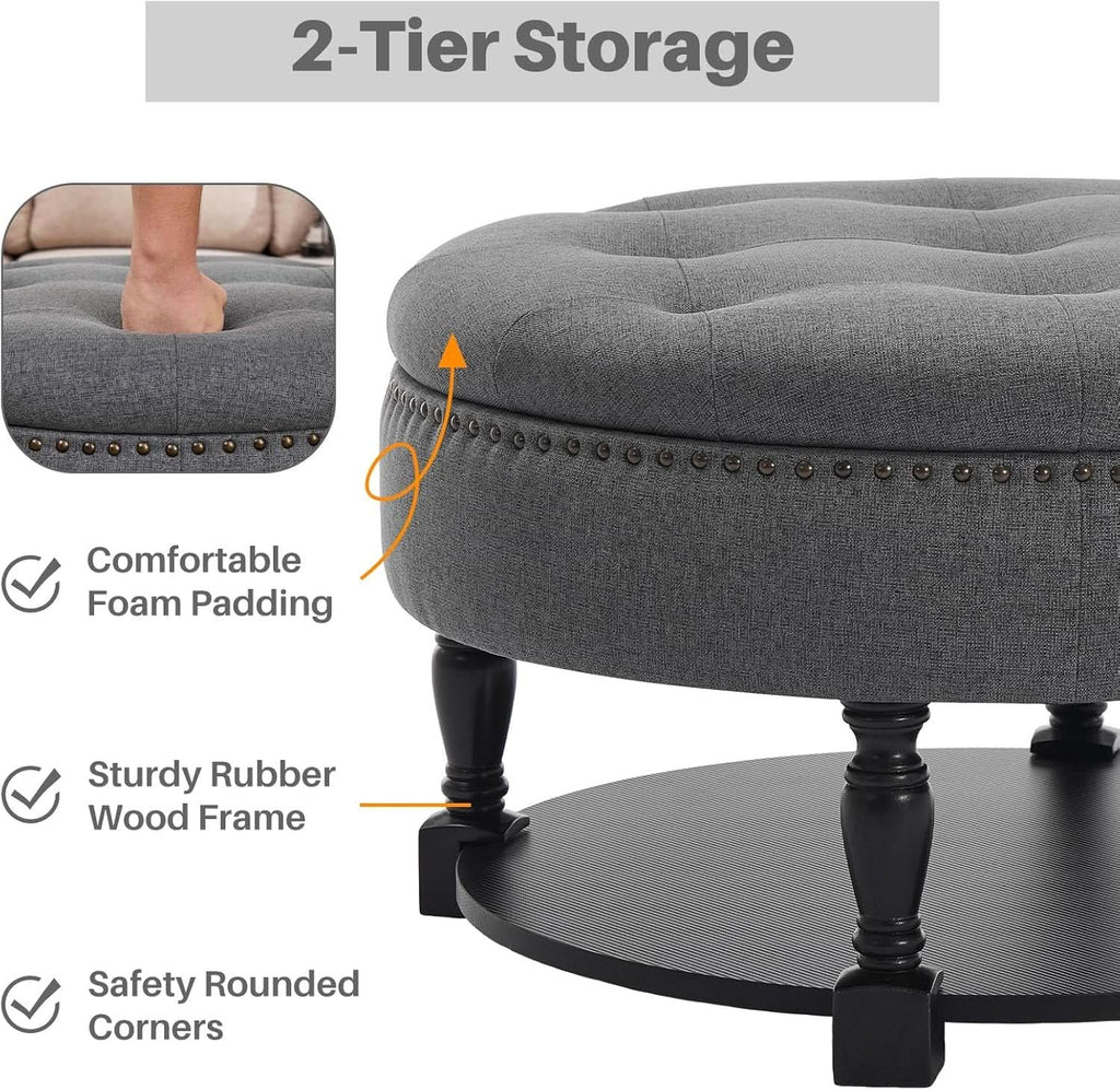 31.5 Inch Round Upholstered Ottoman Coffee Table Charcoal