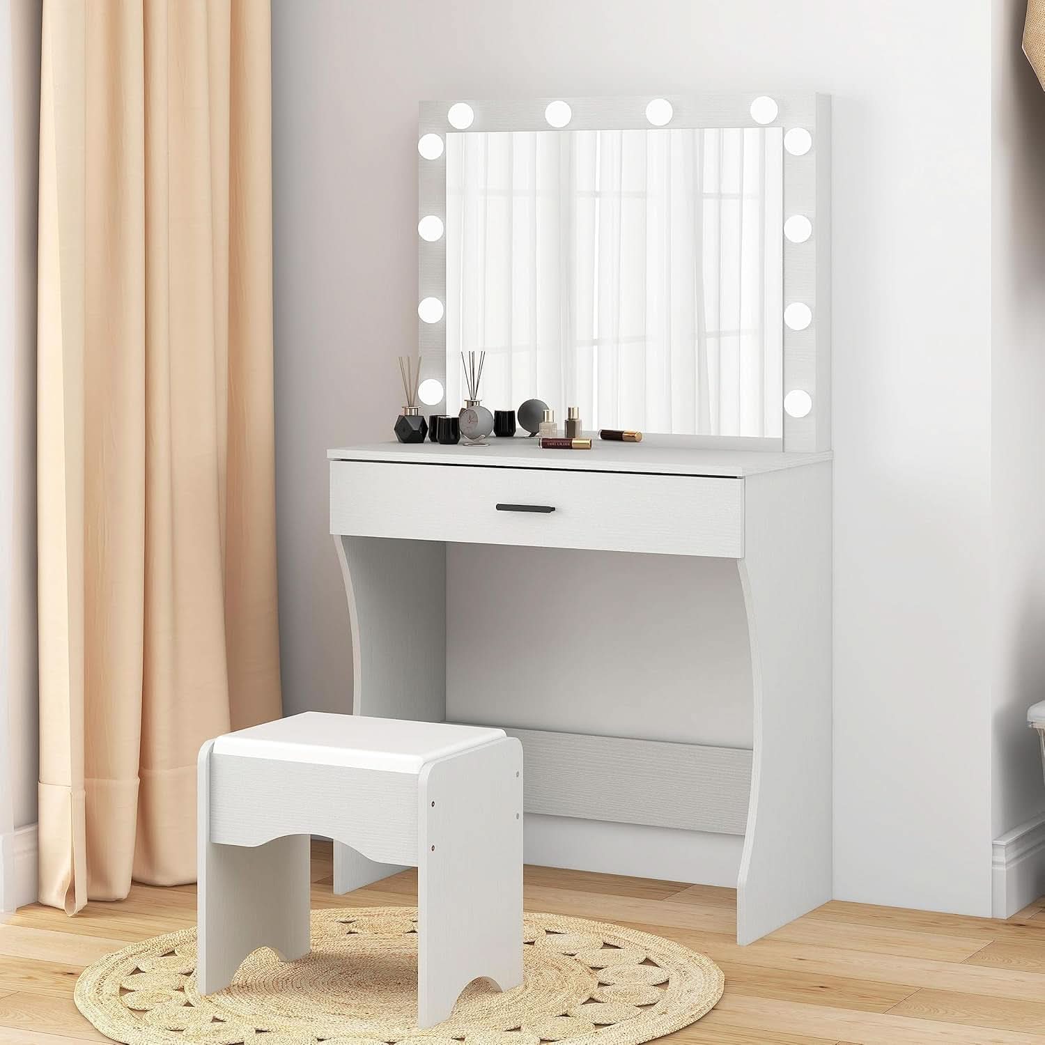White Vanity Desk With Ultra Bright LED Mirror Storage-1