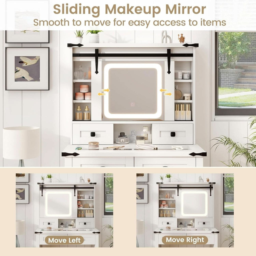 White Vanity Desk With Sliding Mirror Illumination-4