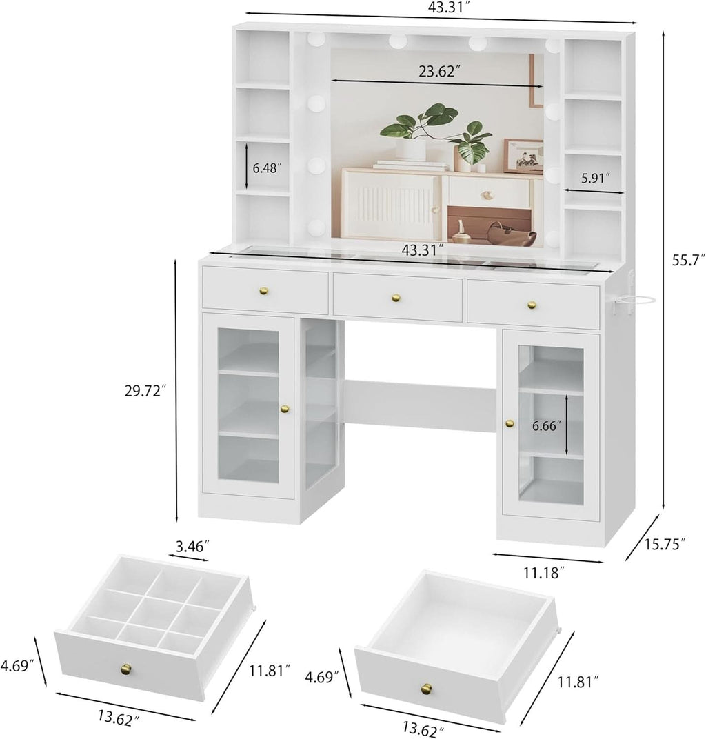 White Glass Vanity Desk With Multi functional Lighting-1