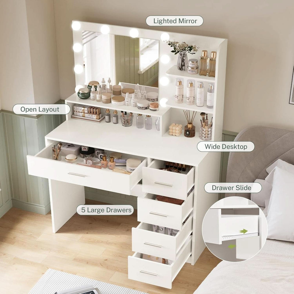 White Mirrored Vanity Desk With Illuminated Lights-3