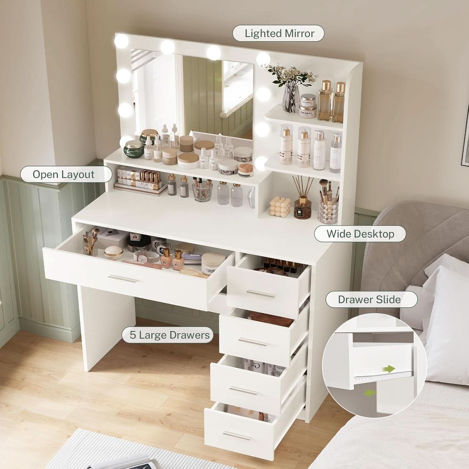 White Mirrored Vanity Desk With Illuminated Lights-3
