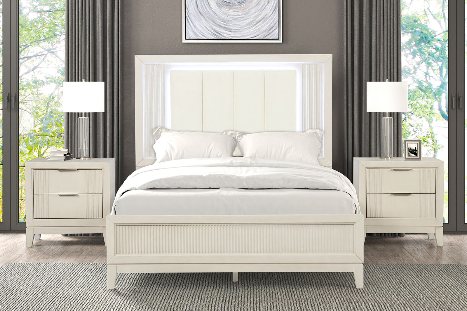 Antique White 3pc Bedroom Set Queen Size Bed 2x Nightstands LED Headboard Bedroom Furniture
