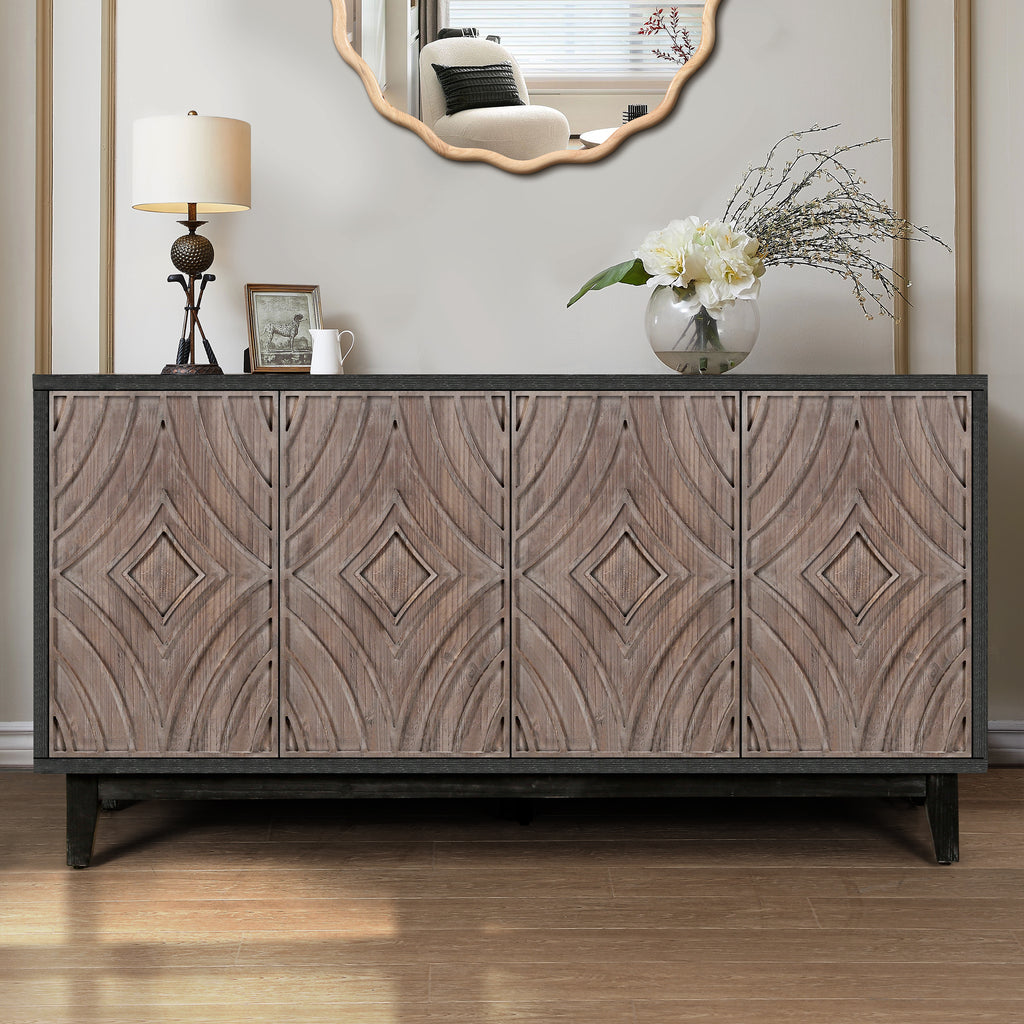Mid Century Sideboard Buffet Cabinet with Solid Wood Legs 60' Kitchen Storage Cabinet Credenza with 4 Convex pattern diamond Doors and 2 Shelves Accent Console Table for Living Room  Entrance Hall etc