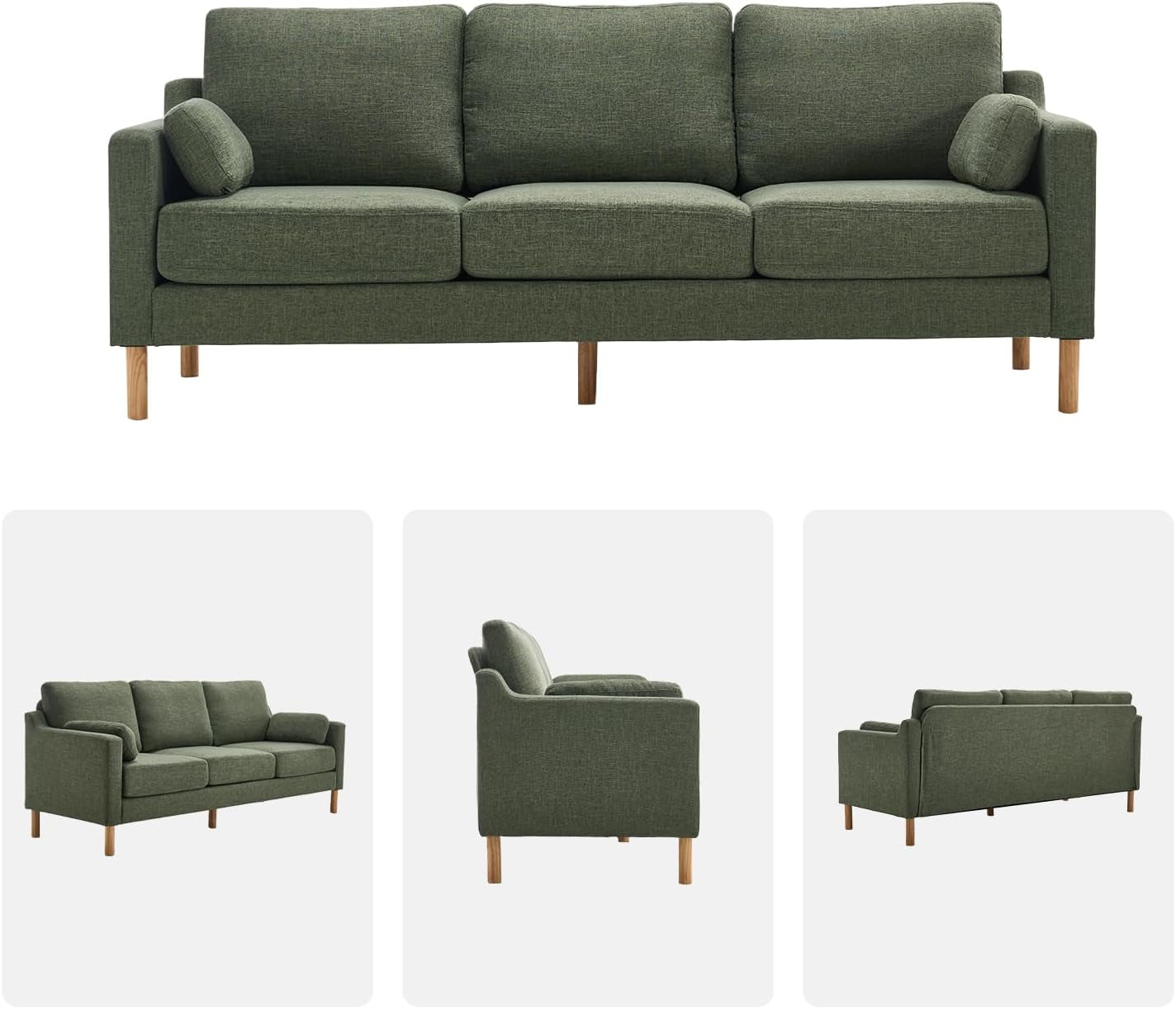 Dark green Linen Upholstered Mid Century Modern Sofa-2