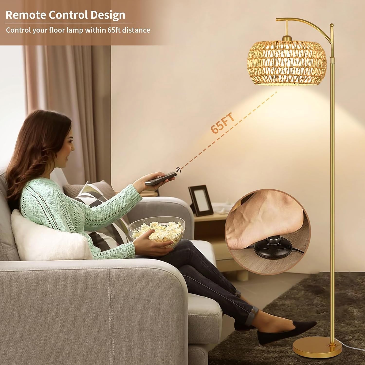 Gold Arc Floor Lamp Remote Dimmable Boho Rattan Shade-4
