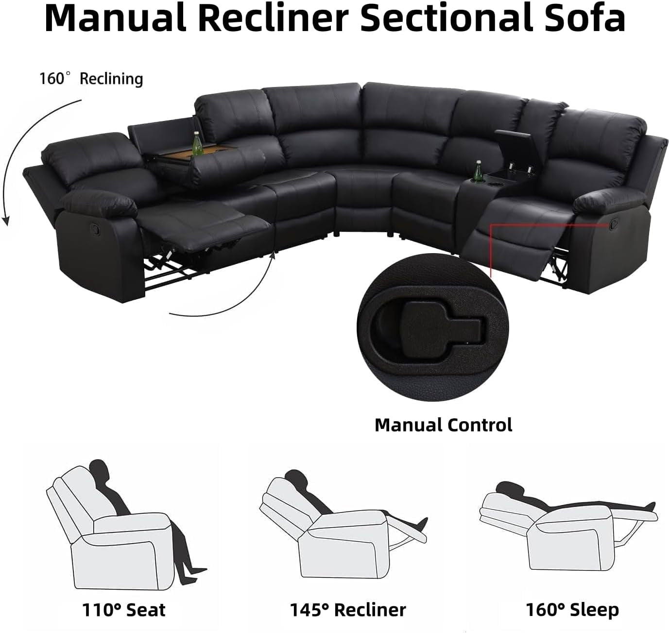 Manual Recliner Sectional Sofa Set Bonded Leather Black-2