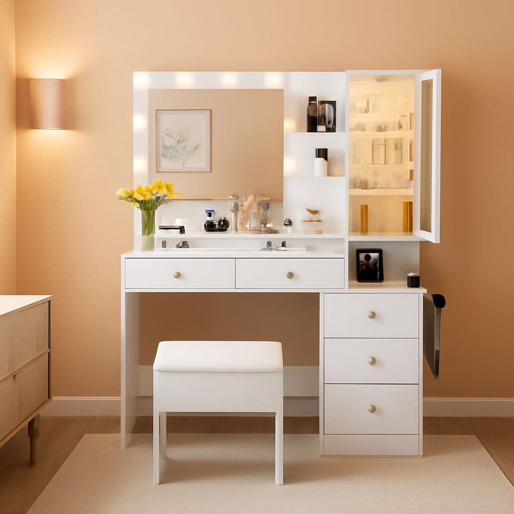 White Vanity Desk With Built In RGB Ambient Lighting-0