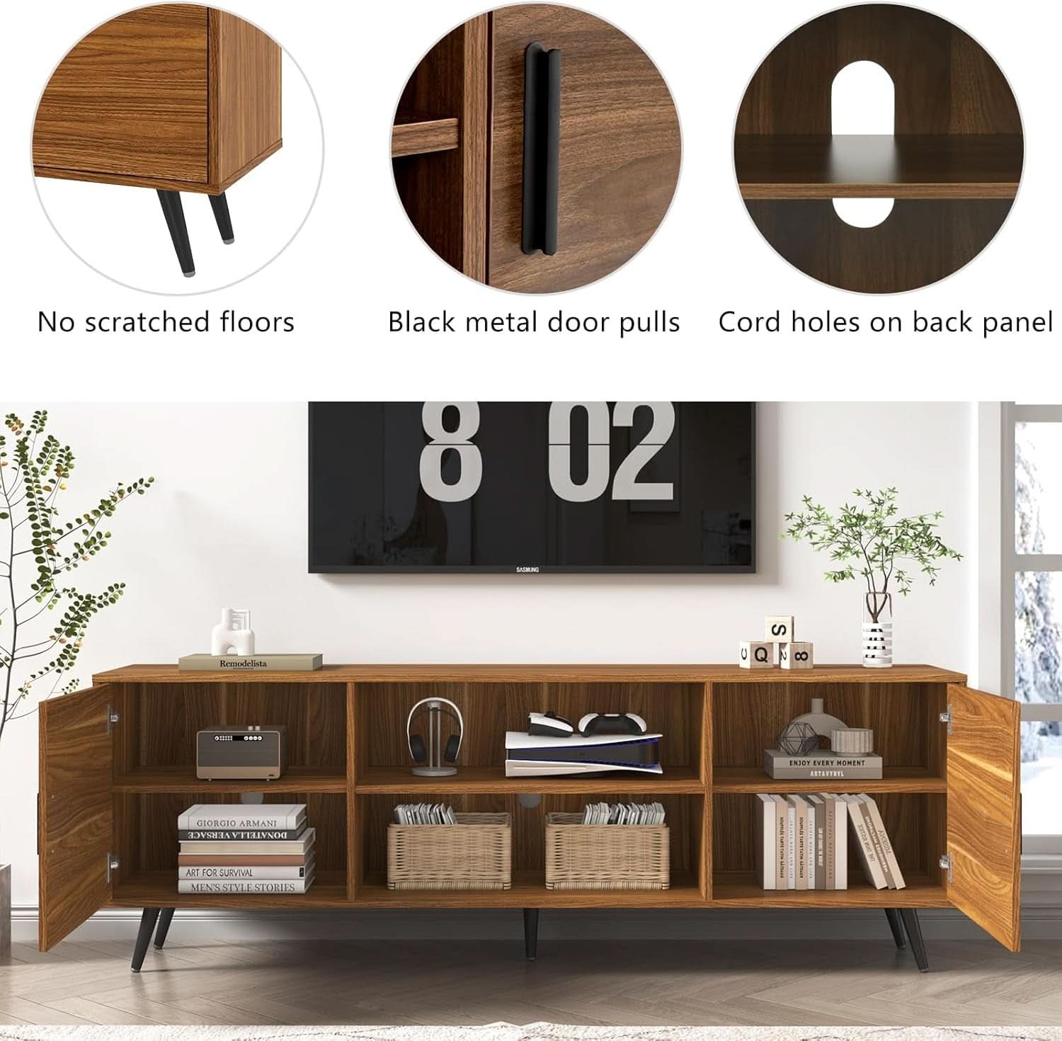 70 Inch Walnut Midcentury TV Entertainment Console