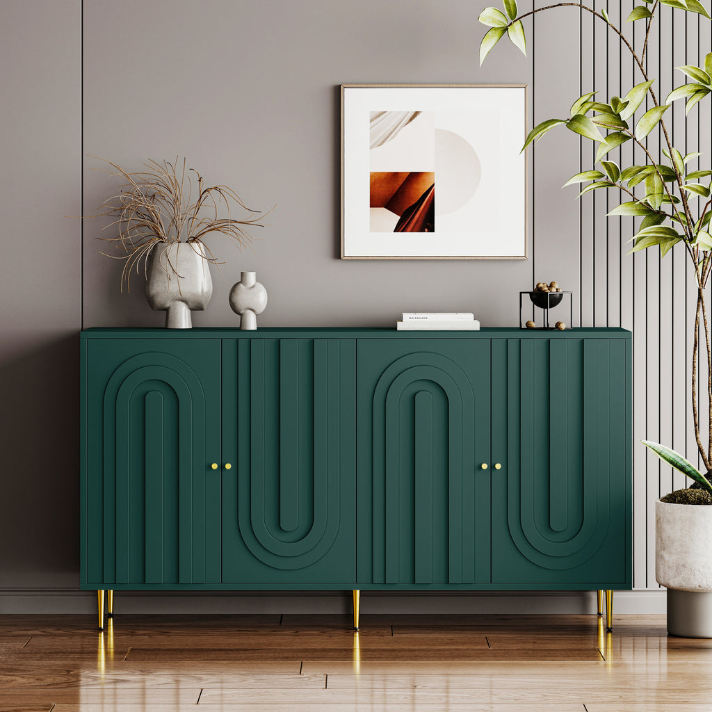 Modern Green Lacquered 4 Door Wooden Cabinet