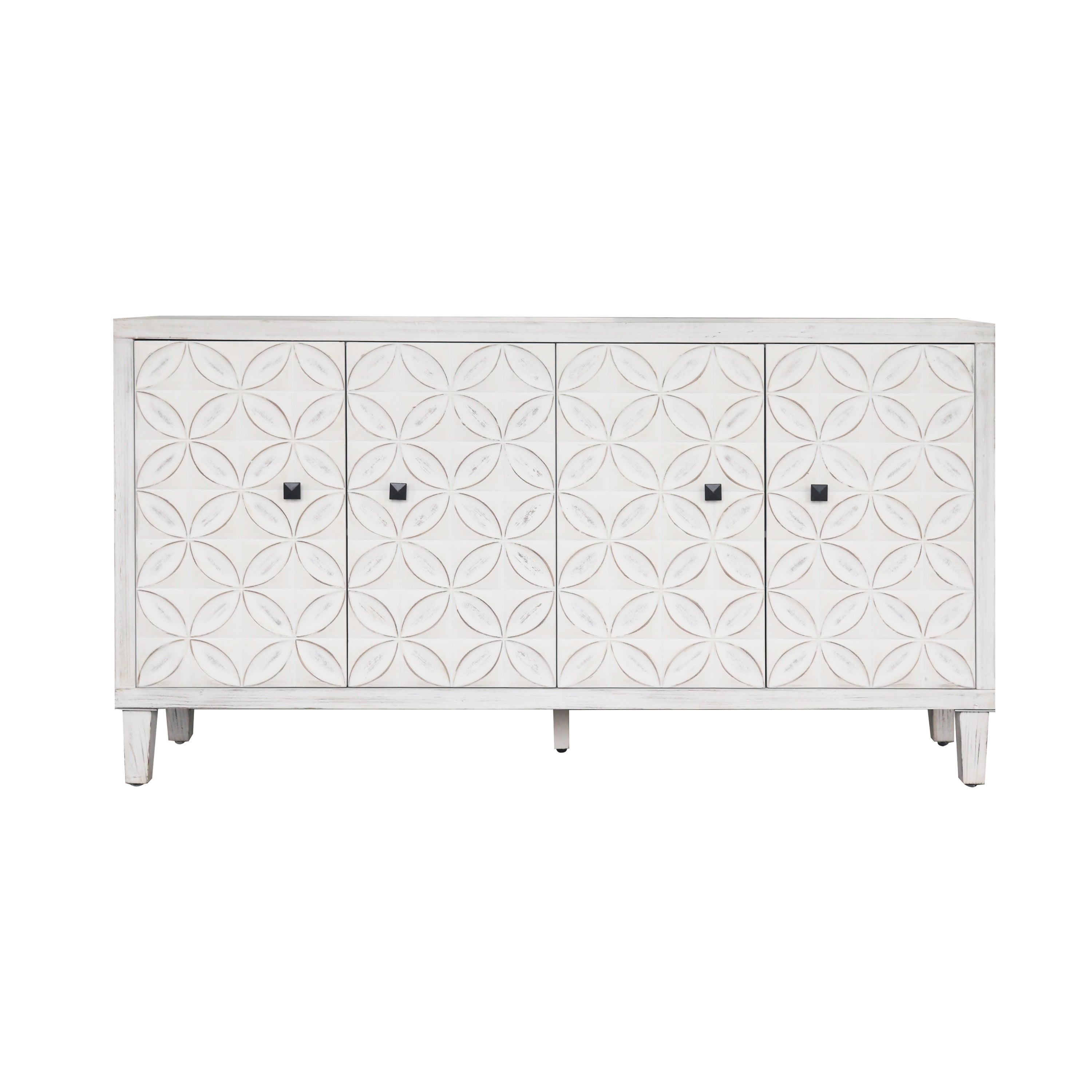 Shabby Chic Accent Cabinet with 4 Doors and Adjustable Shelves, White Washed, Solid Wood and MDF, 59.84 x 15.75 x 31.50 inches
