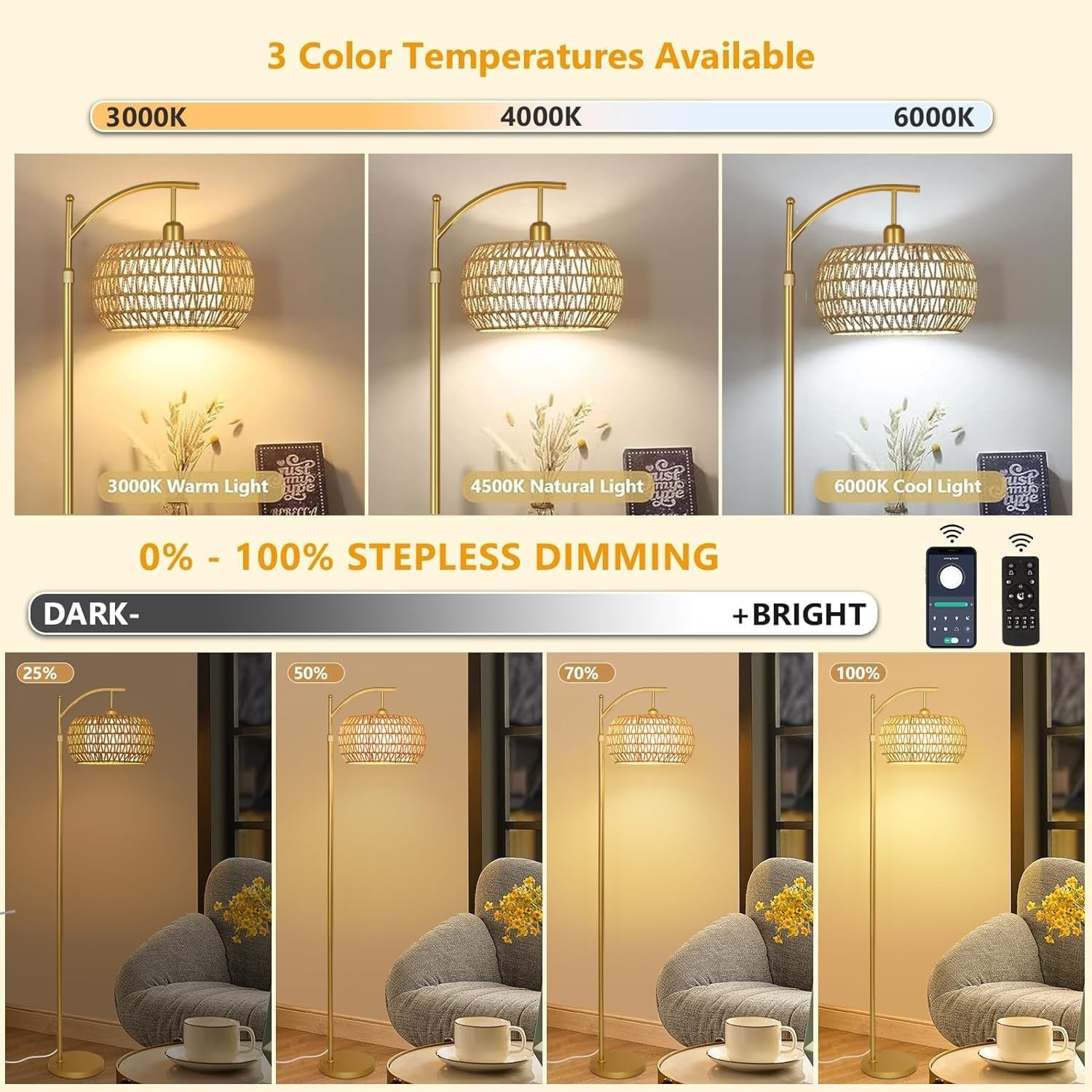 Gold Arc Floor Lamp Remote Dimmable Boho Rattan Shade-1