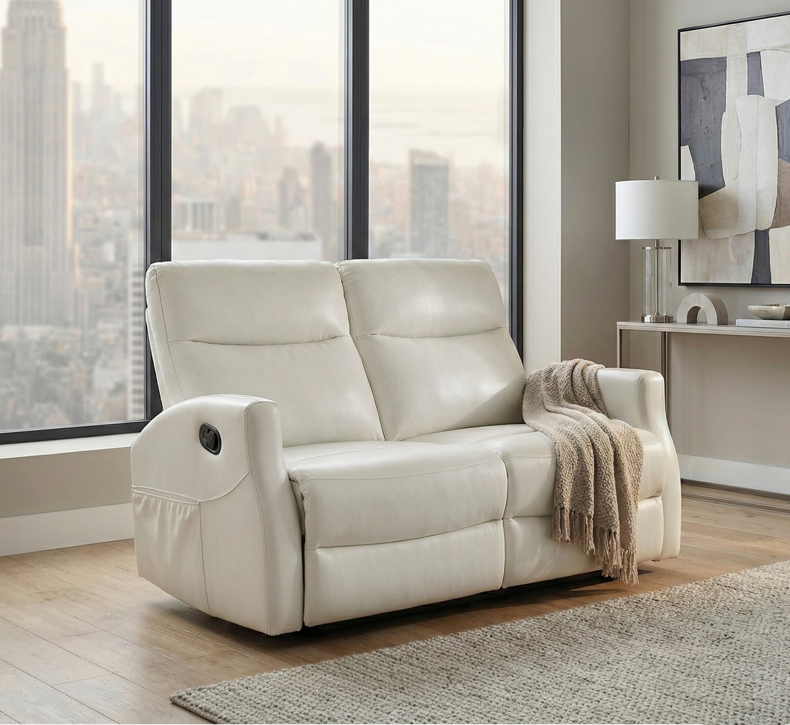 Double Beige Faux Leather Reclining Loveseat
