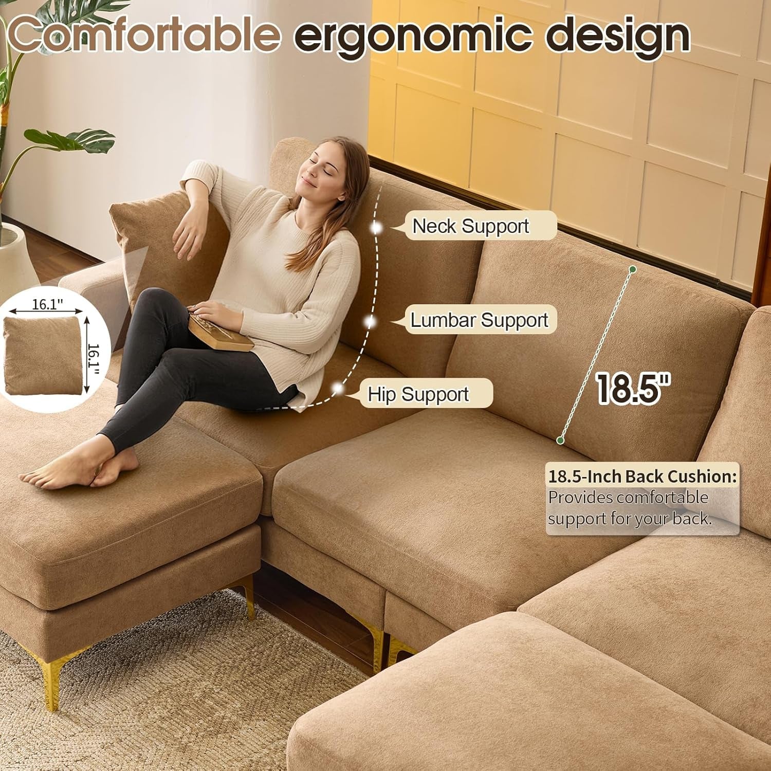 Khaki One Hundred Inch U Shaped Chenille Luxurious Couch-3