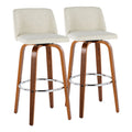 30' Mid-Century Modern Fixed-Height Barstool with Swivel in Walnut Wood and Cream Fabric with Round Chrome Metal Footrest  - Set of 2