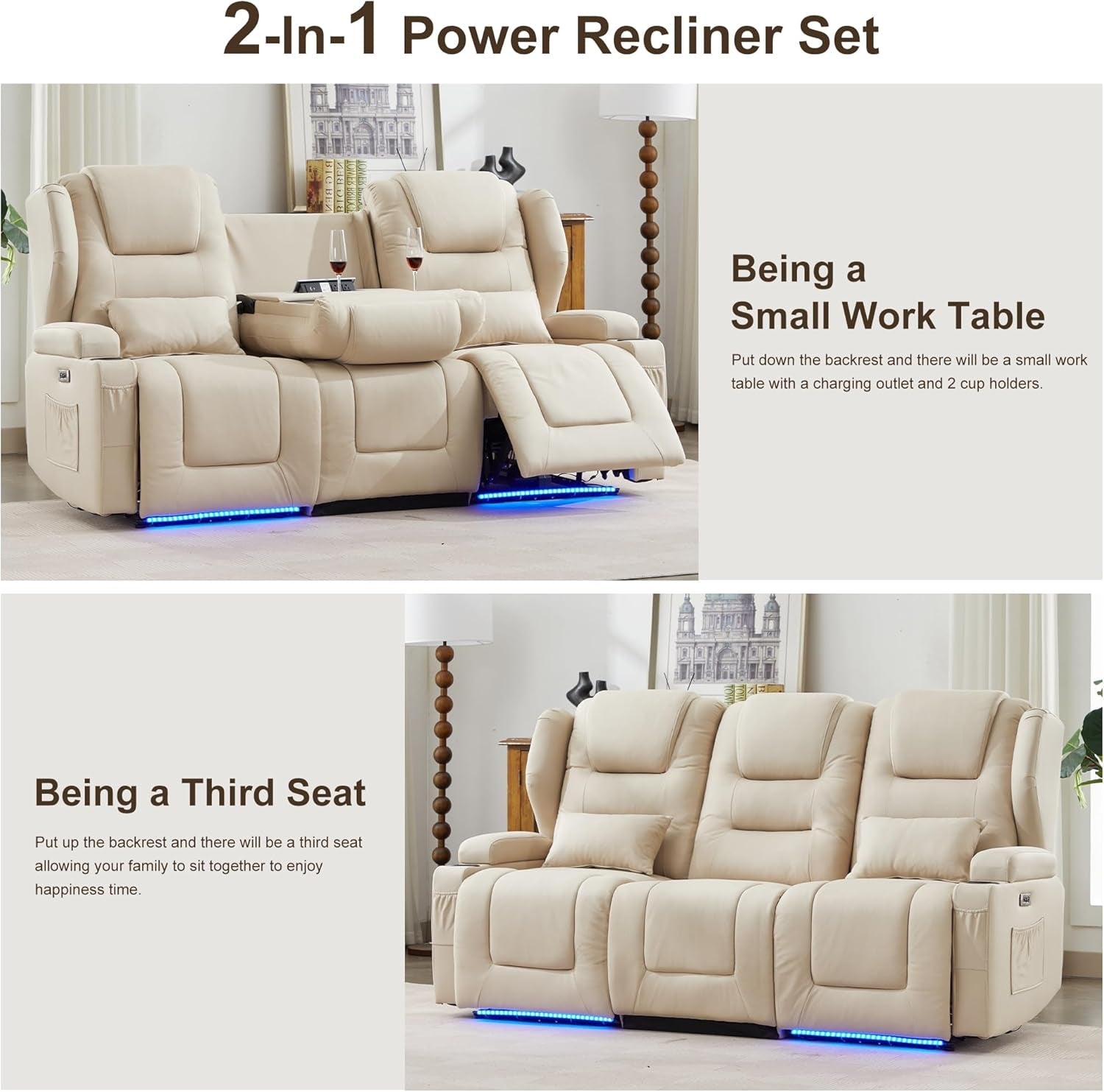 RV Power Leathaire Fabric Recliner Sofa Beige Wallhugger-4