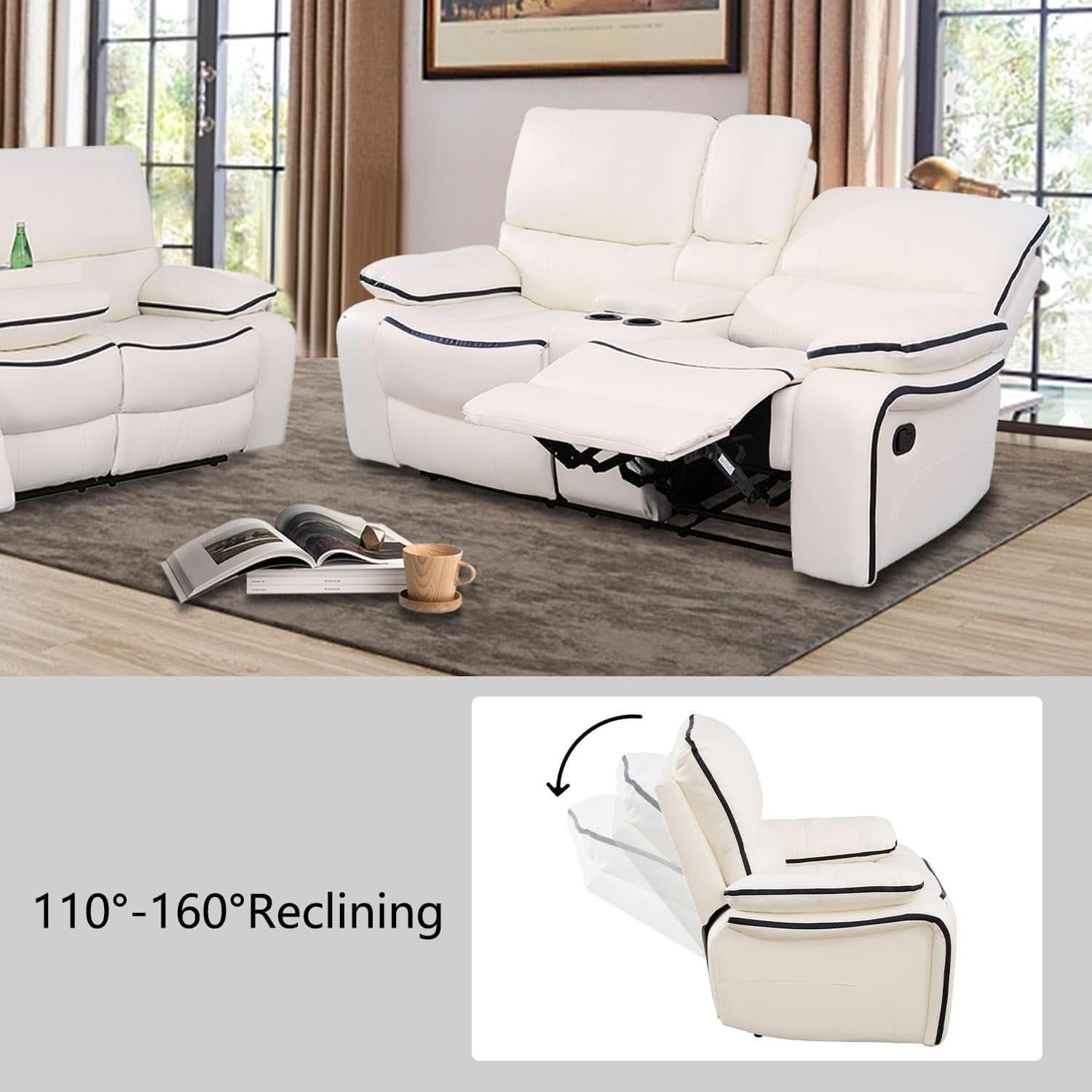 Cream White Bonded Leather Recliner Sofa Set With Manual Recliner-3