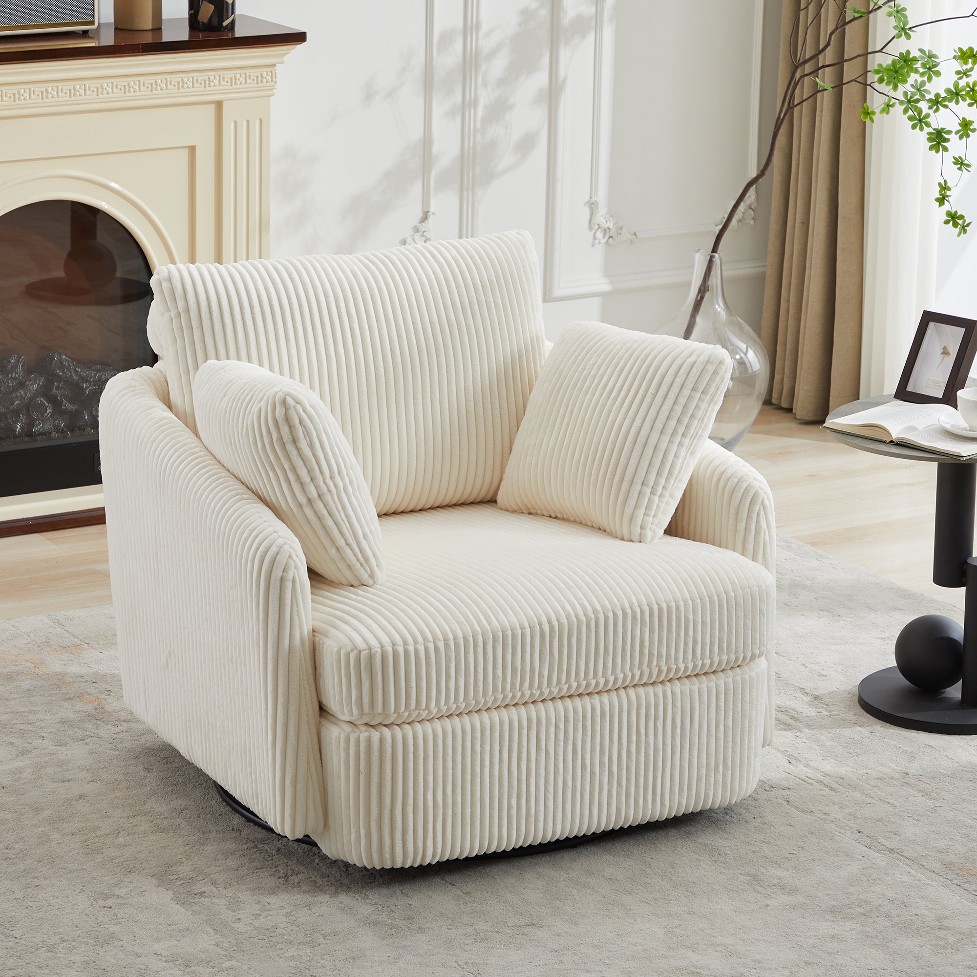 40.55''W Swivel Accent Chair With 2 Thorw Pillows 360 Degree Swivel Round Sofa Modern Oversized Arm Chair Cozy Club Chair for Bedroom Living Room Lounge Hotel, Ivory Corduroy