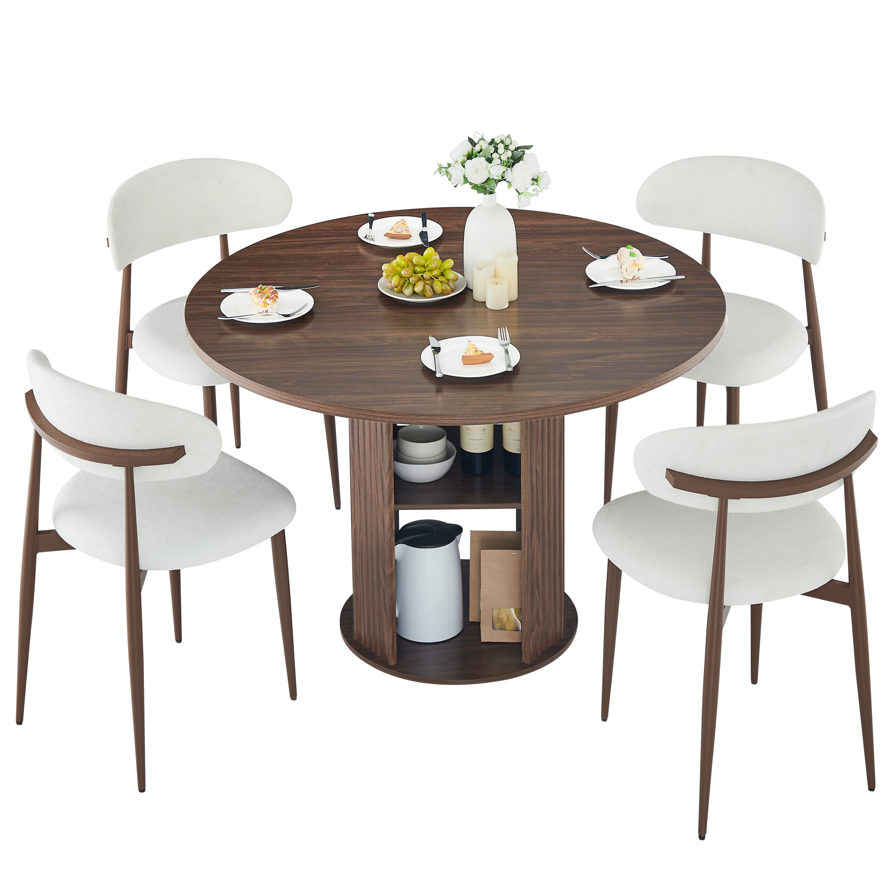 47.24' Round Dining Table (Serves 2–4) with Two Dining Chairs Blends modern and farmhouse styles, featuring a double-tiered storage shelf, suitable for dining rooms or living spaces.Walnut