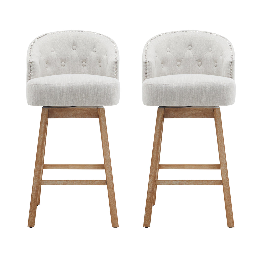 33.25' Swivel Counter Stools Set of 2, Upholstered Counter Height Bar Stools with Solid Rubber Wood Frame, Backrest, Footrest, Armless Barstools for Home Bar, Kitchen Counter, Natural + Beige
