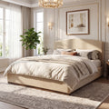 King Size Upholstered Bed Frame With Velvet Fabric Thick Headboard, Solid Wood Base, Camel
