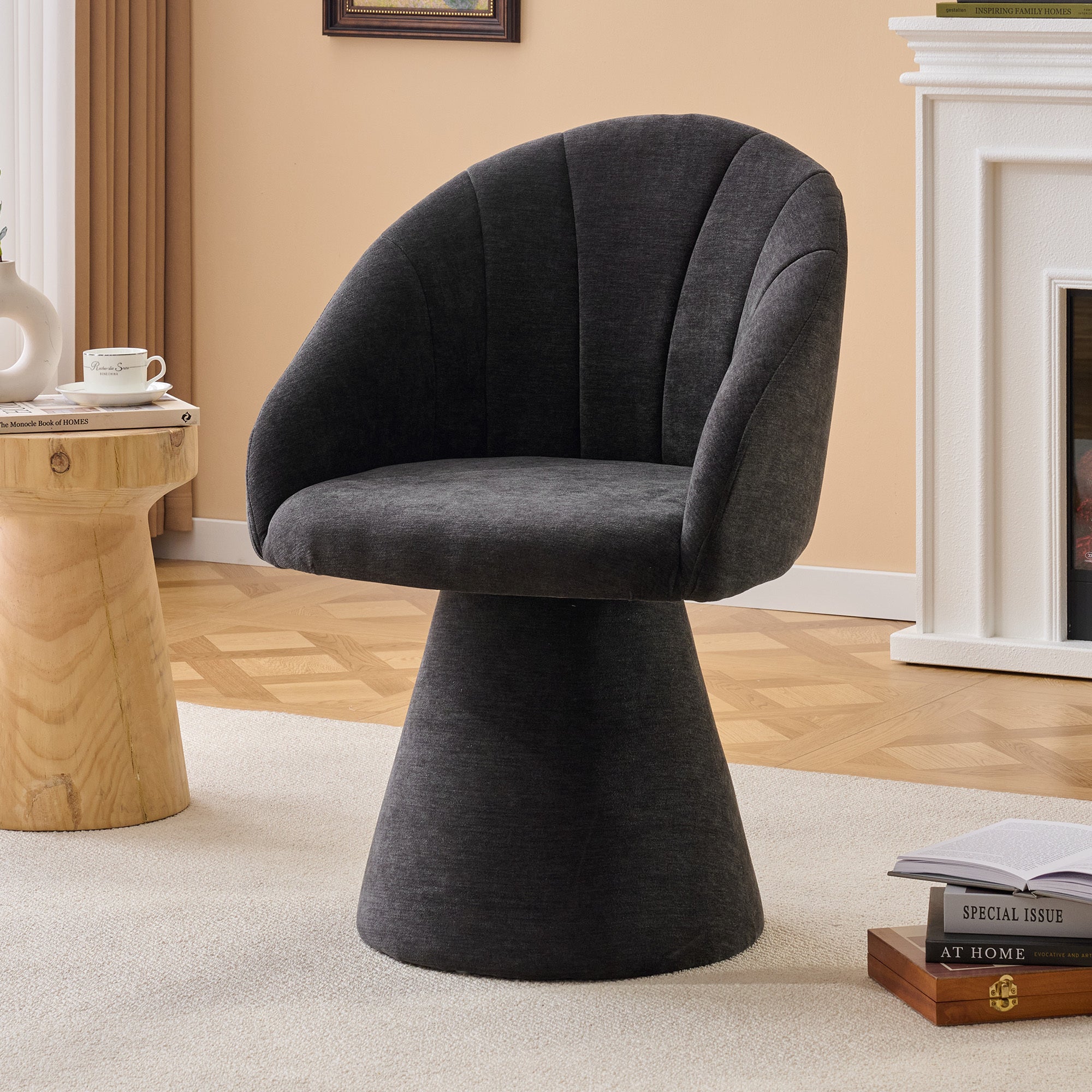068-Chenille Fabric Swivel Accent Armchair, Comfy Vanity Chair With Curved Backrest, Upholstered Dining Chair With High Cylindrical Base,Gray