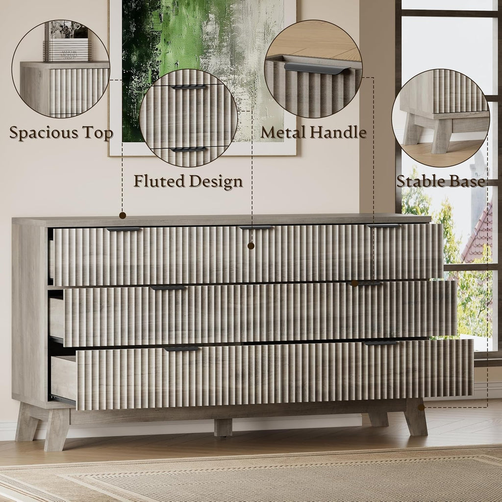 Fifty Seven Inch Fluted Seven Drawer Solid Wood Dresser