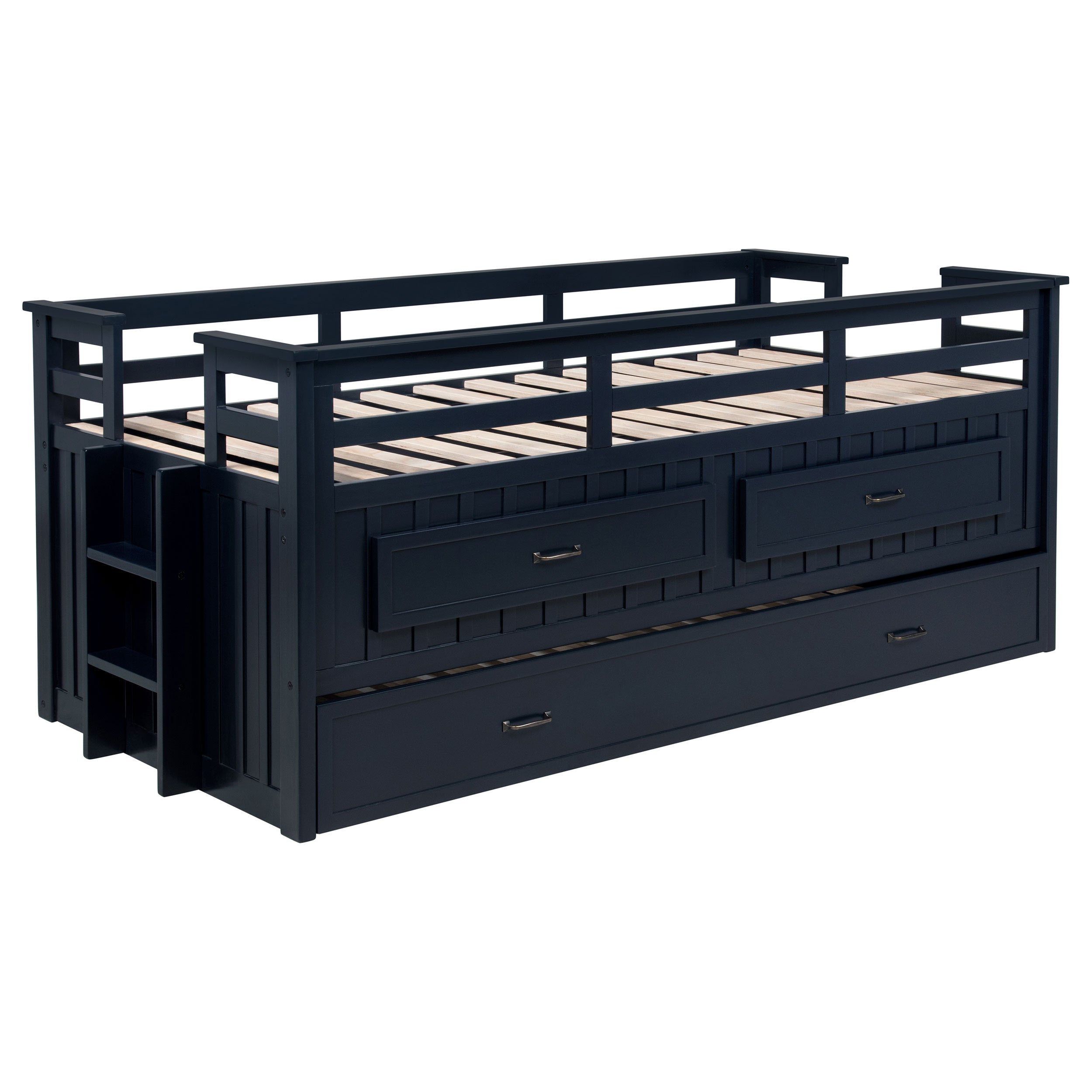 Starboard Navy Blue Twin Captain Bed with Trundle: Wooden Frame, Guardrails, Built-in Ladder, Storage Drawers, Modern Navy Finish