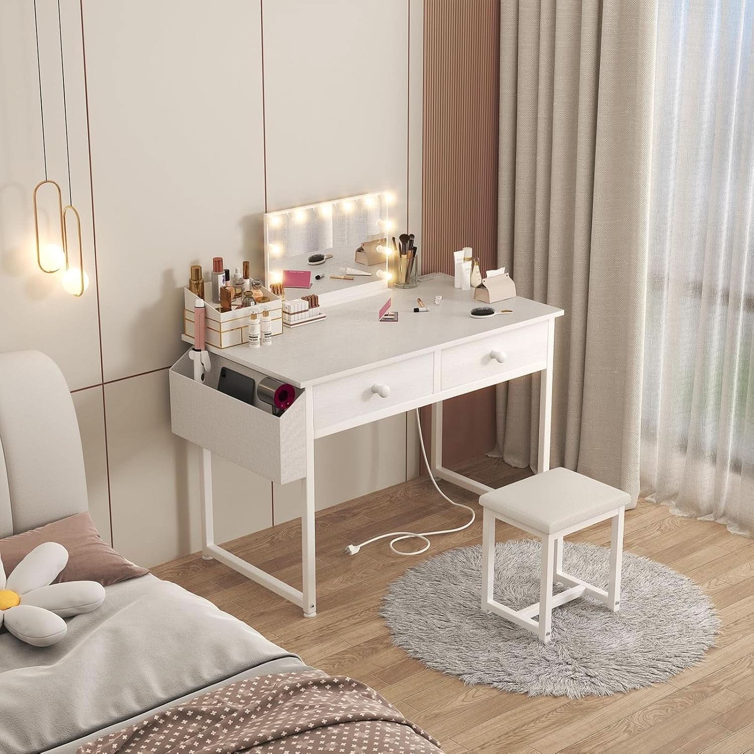 White Makeup Vanity Table With Integrated Charging-1