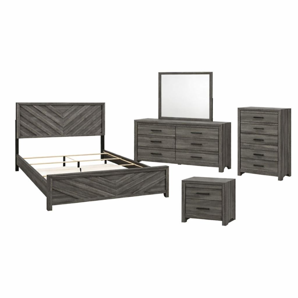 DENVER Modern Twin 5-Piece Bedroom Set in Gray Finish with Bed, Dresser, Mirror, Nightstand and Chest, Contemporary Storage Furniture Set