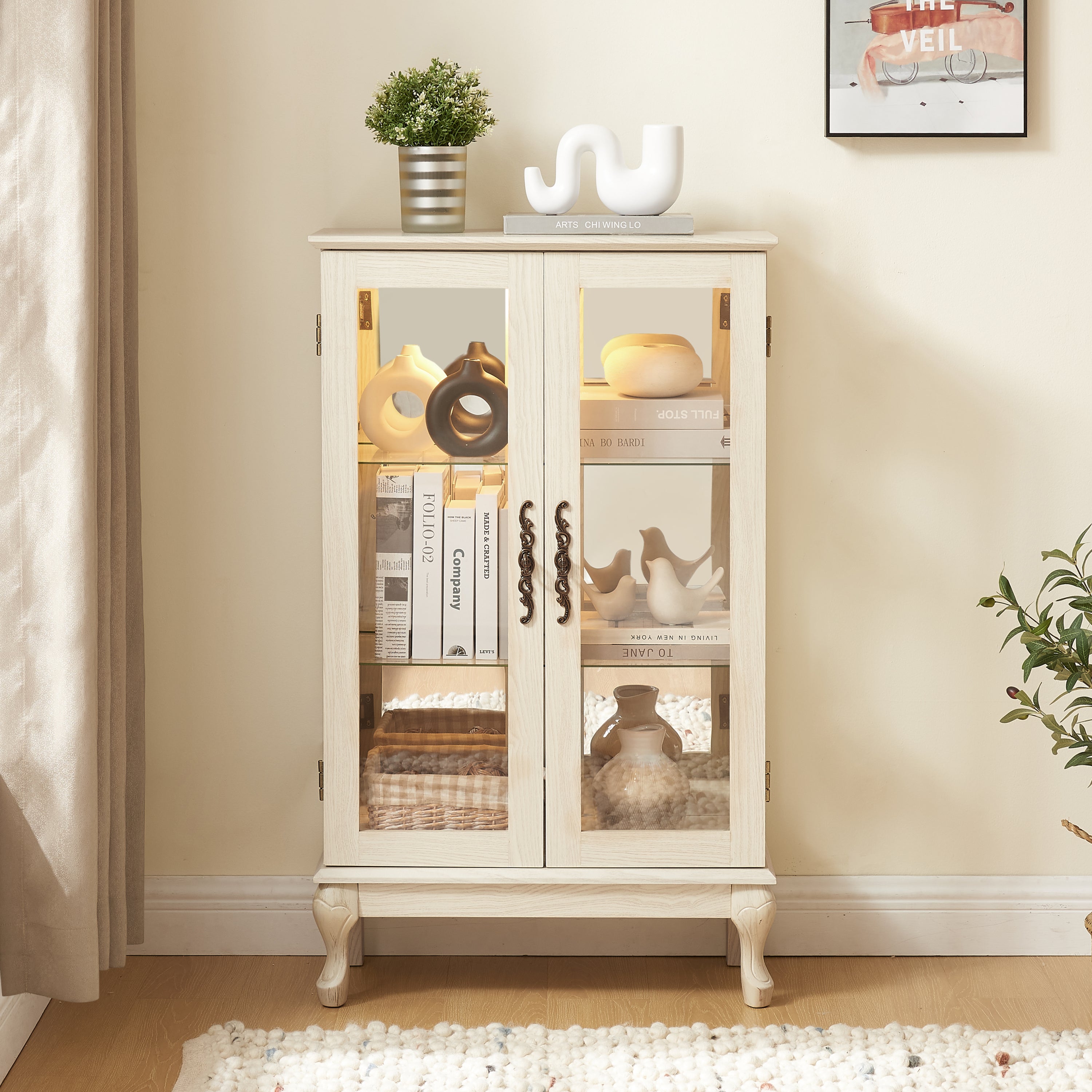 2 Doors Curio Cabinet with Tempered Glass Doors