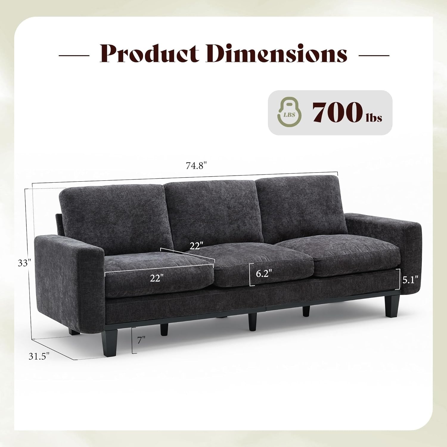 Grey Chenille 74.8 Inch Luxurious Contemporary Sofa-1