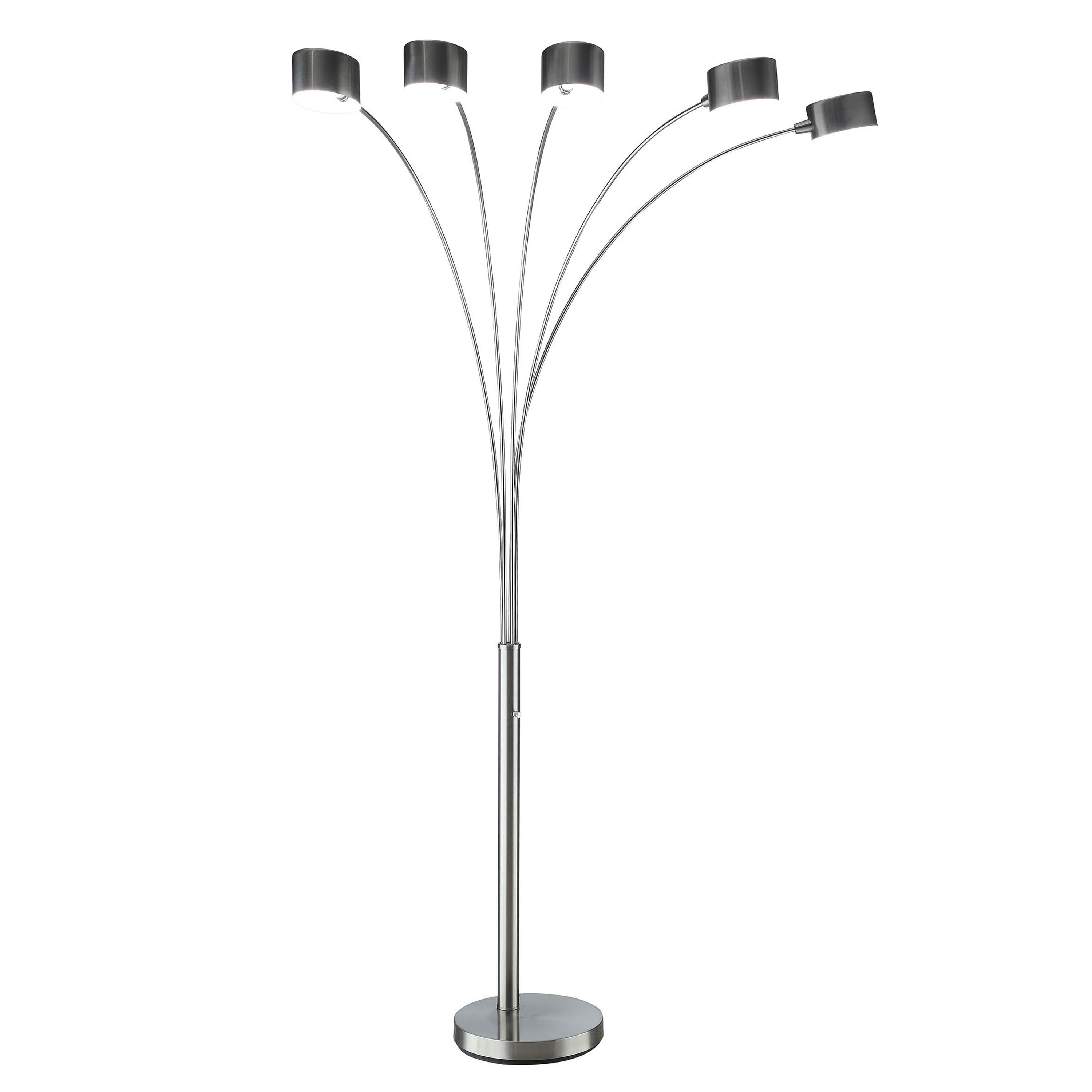 5 Arm Arched Floor Lamp, 84 Inch Chrome Metal Sleek Stem, Round Base