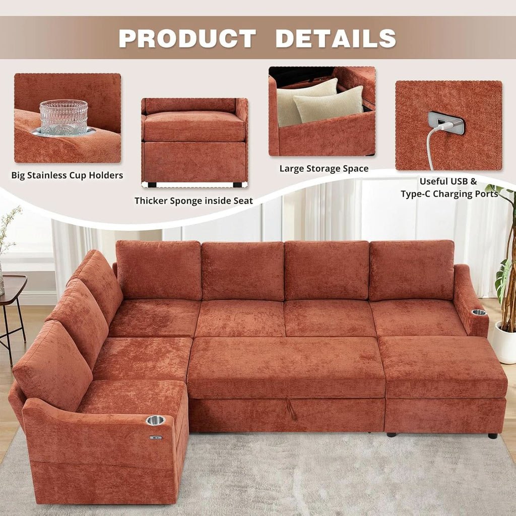 116Inch Orange Chenille Fabric Modular Sleeper Sofa USB-3